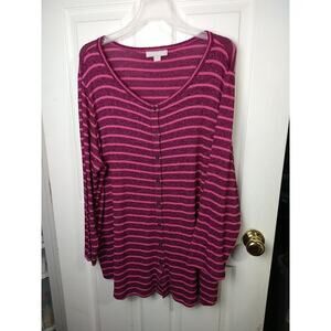 Woman Within 18/20 L Shirt Pink Striped Button Front Soft Long Sleeve
